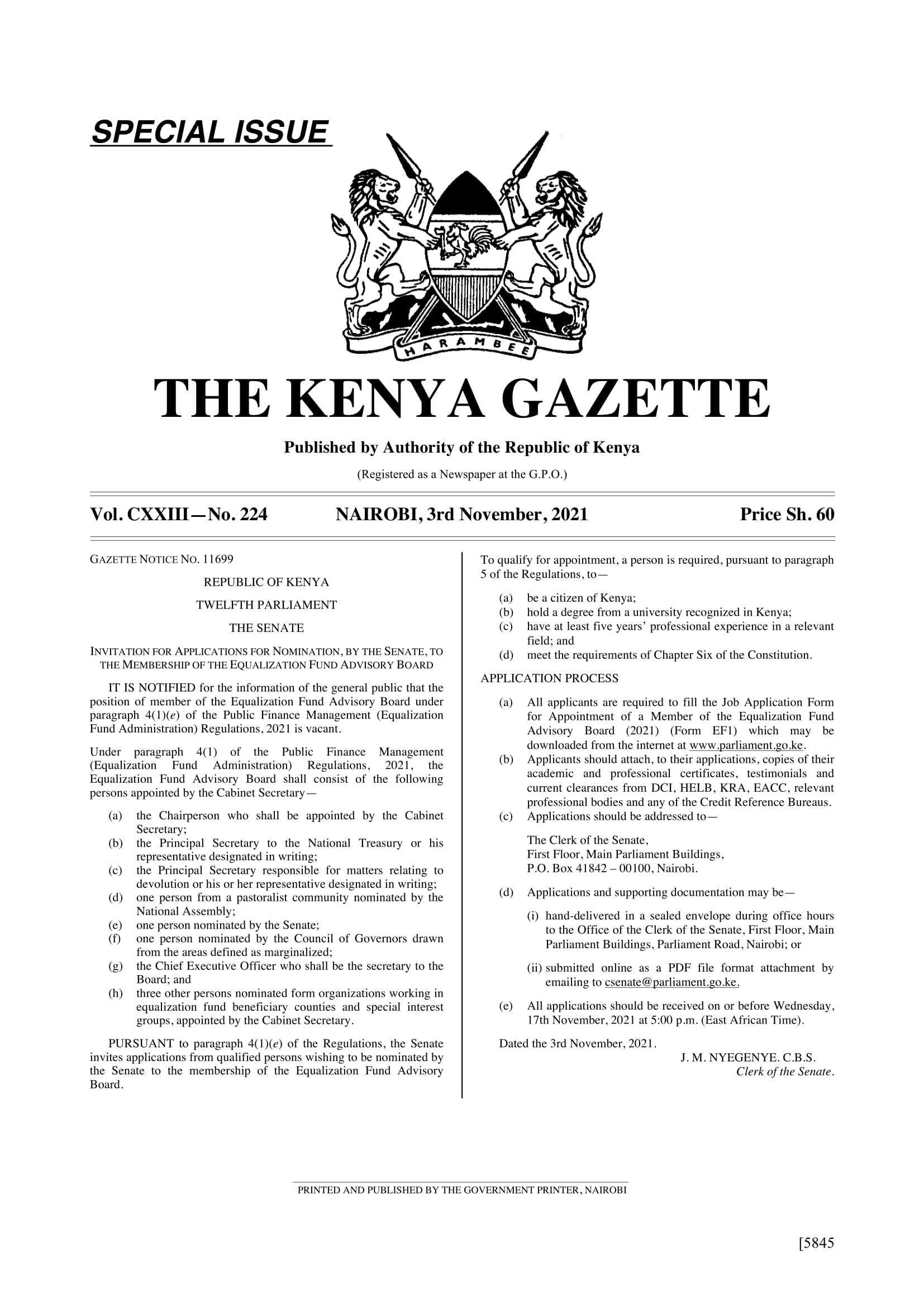 GAZETTE NOTICE NO. 11699 INVITATION FOR APPLICATIONS FOR NOMINATION